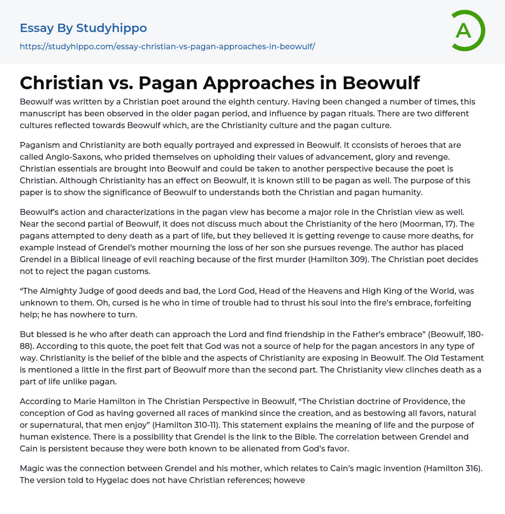 Christian vs. Pagan Approaches in Beowulf Essay Example