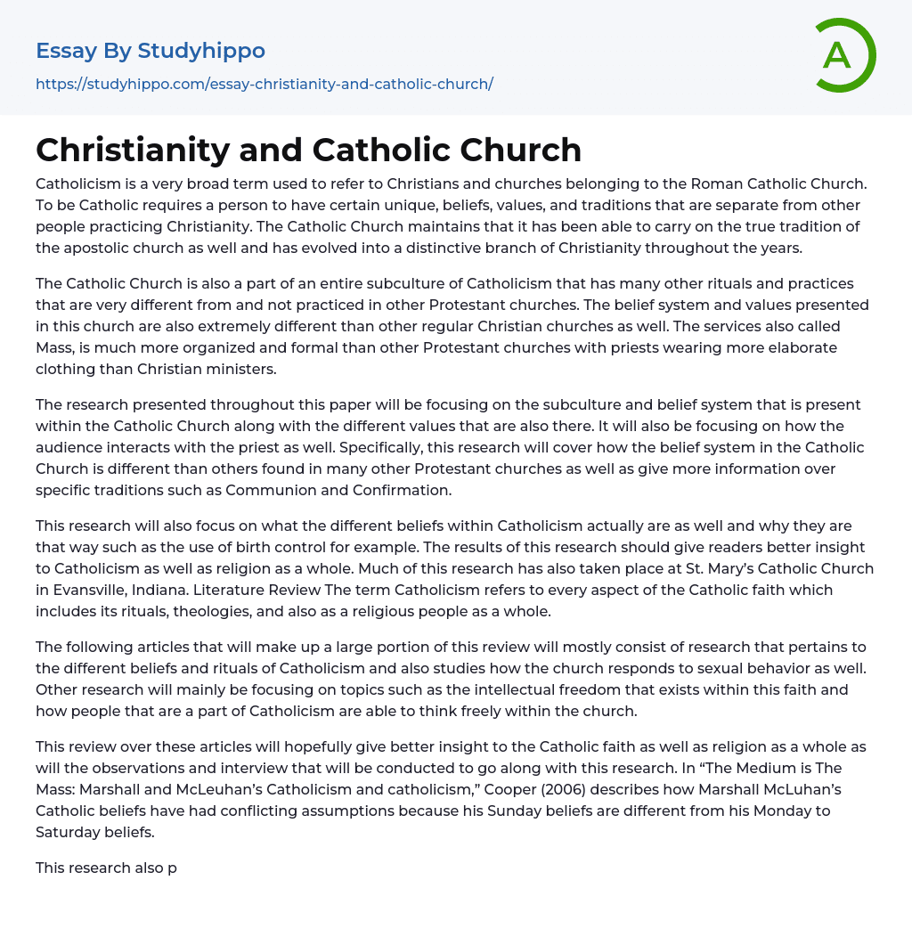 Christianity and Catholic Church Essay Example