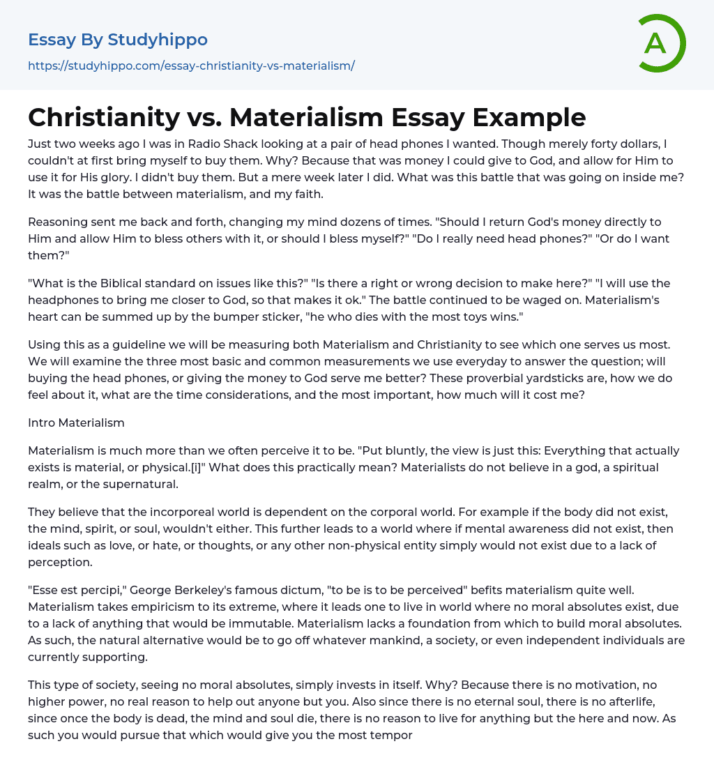 Christianity vs. Materialism Essay Example