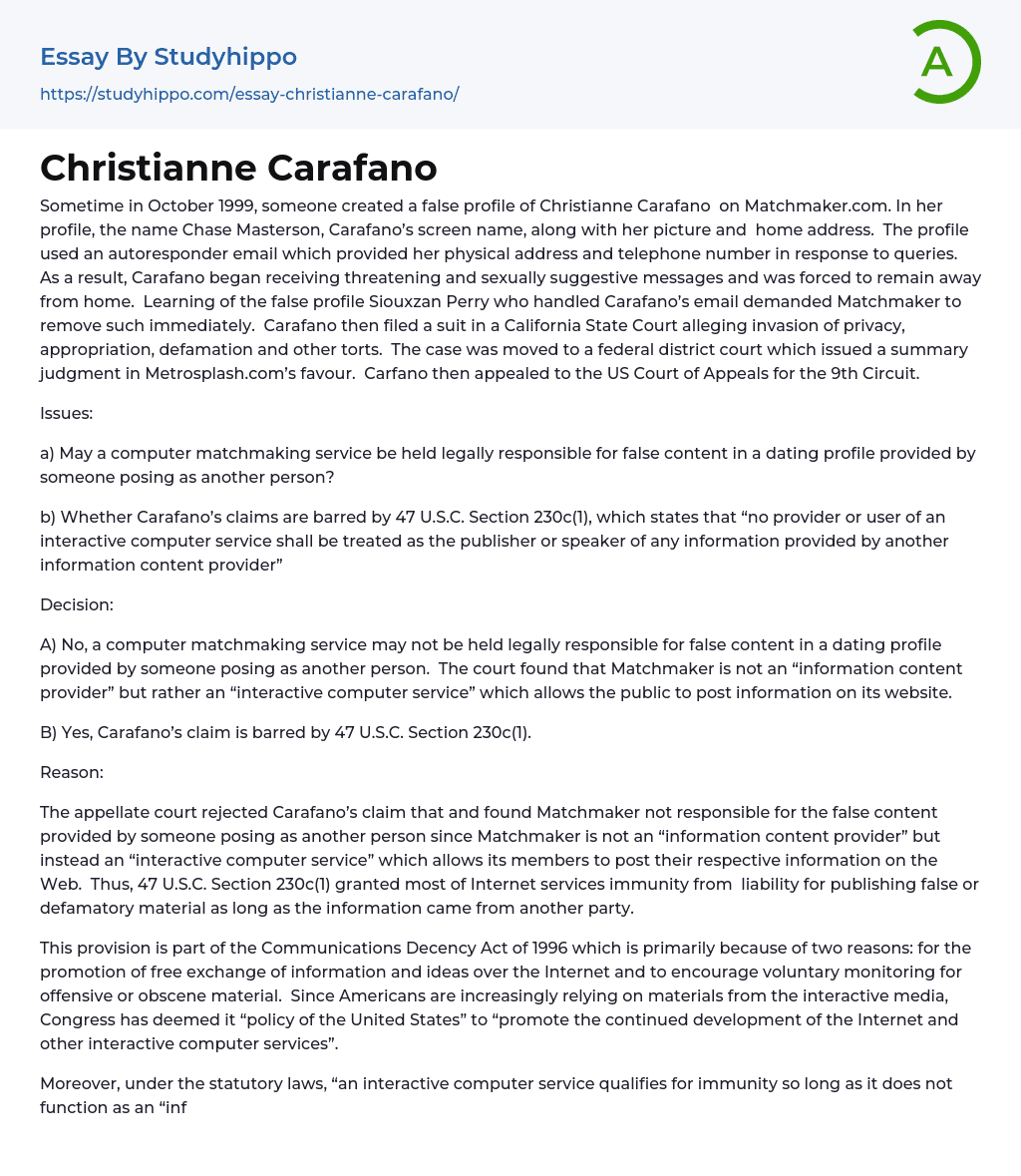 Christianne Carafano Essay Example
