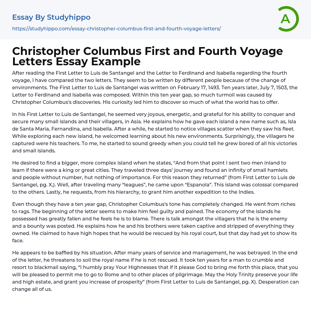Christopher Columbus First and Fourth Voyage Letters Essay Example