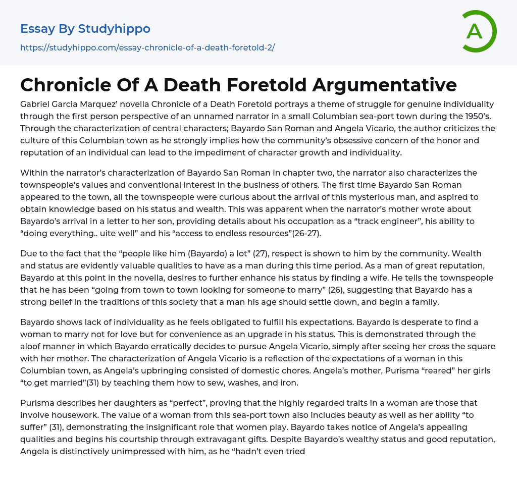 Chronicle Of A Death Foretold Argumentative Essay Example