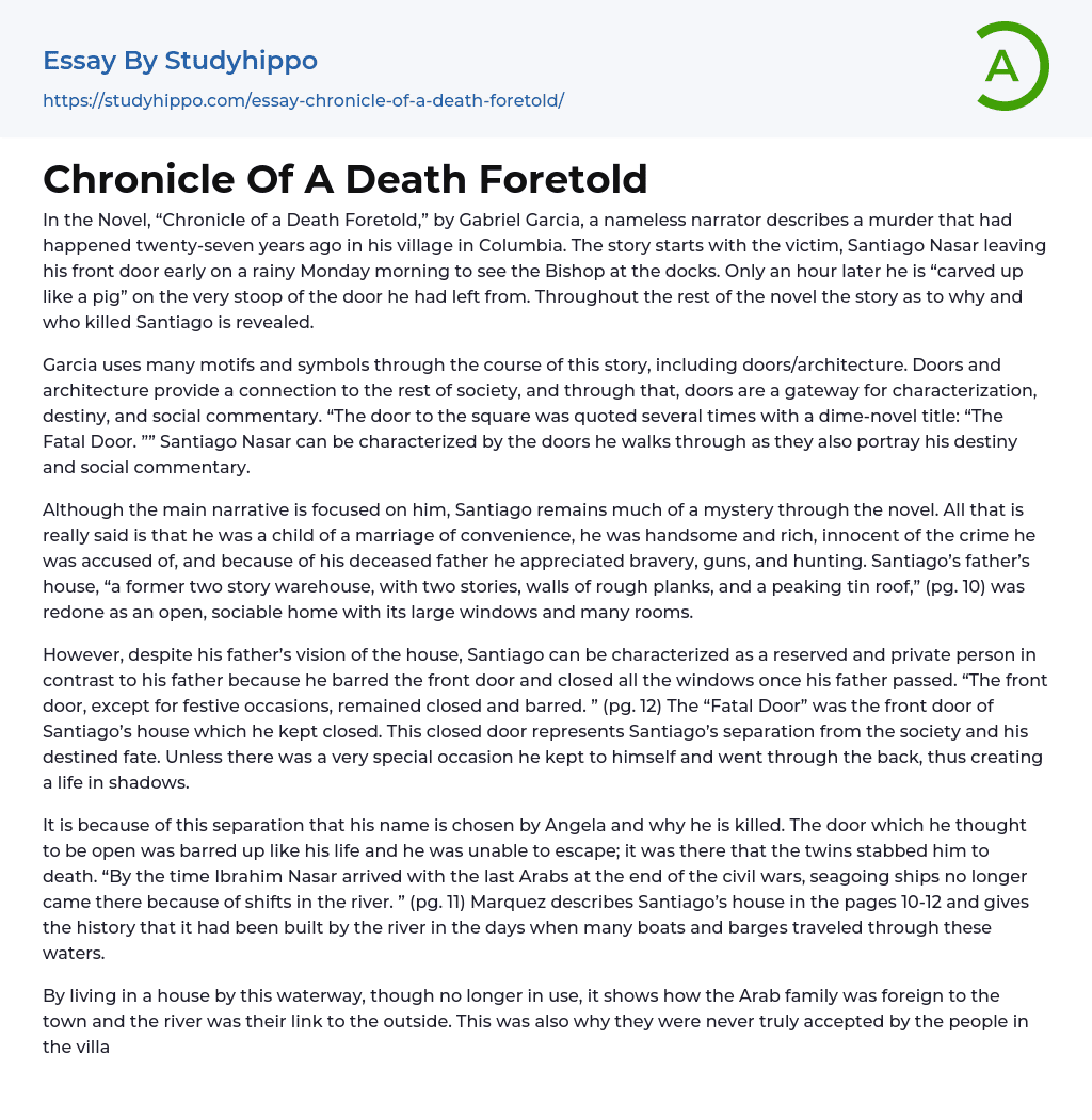 Chronicle Of A Death Foretold Essay Example