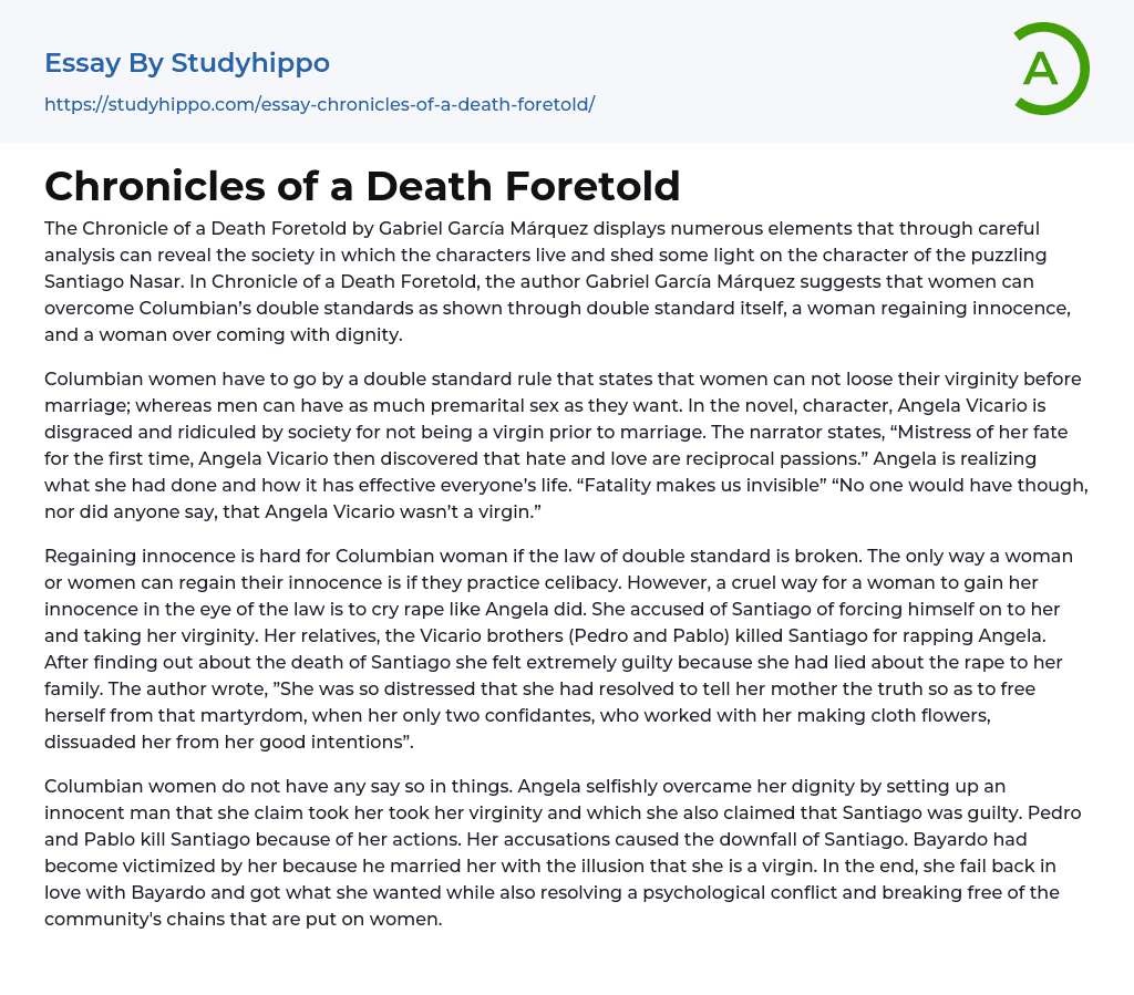 Chronicles of a Death Foretold Essay Example