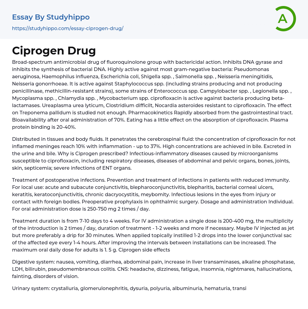 Ciprogen Drug Essay Example