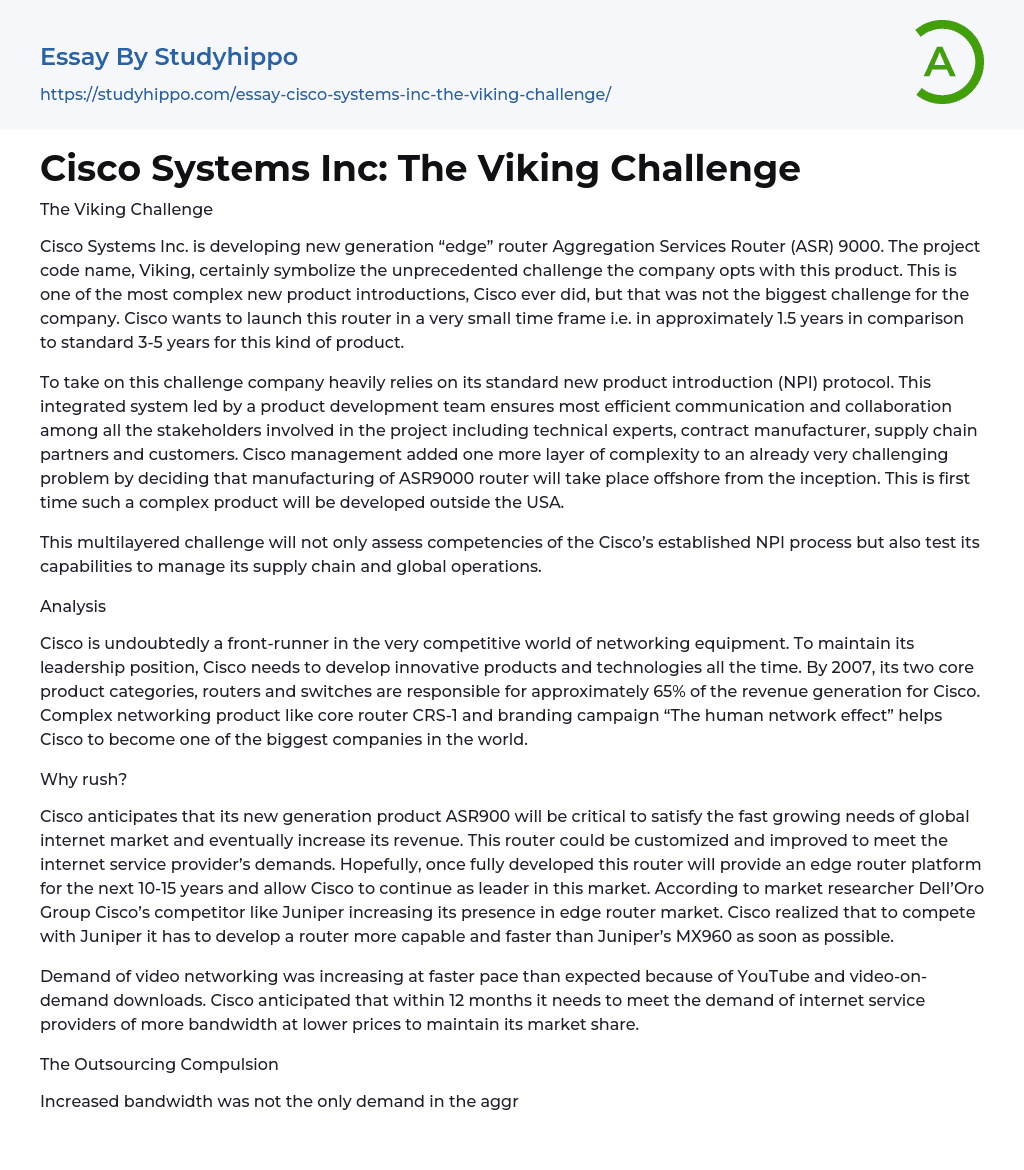 Cisco Systems Inc: The Viking Challenge Essay Example