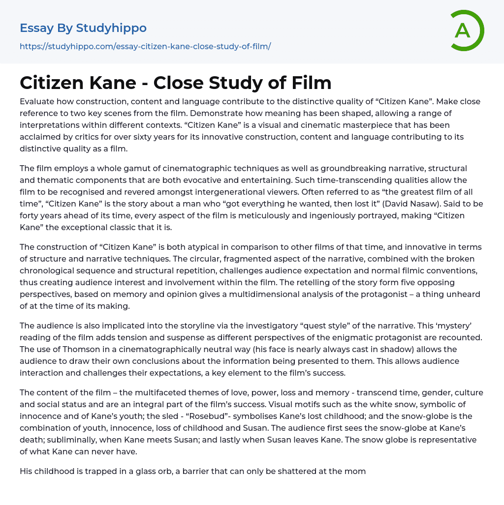 Citizen Kane – Close Study of Film Essay Example