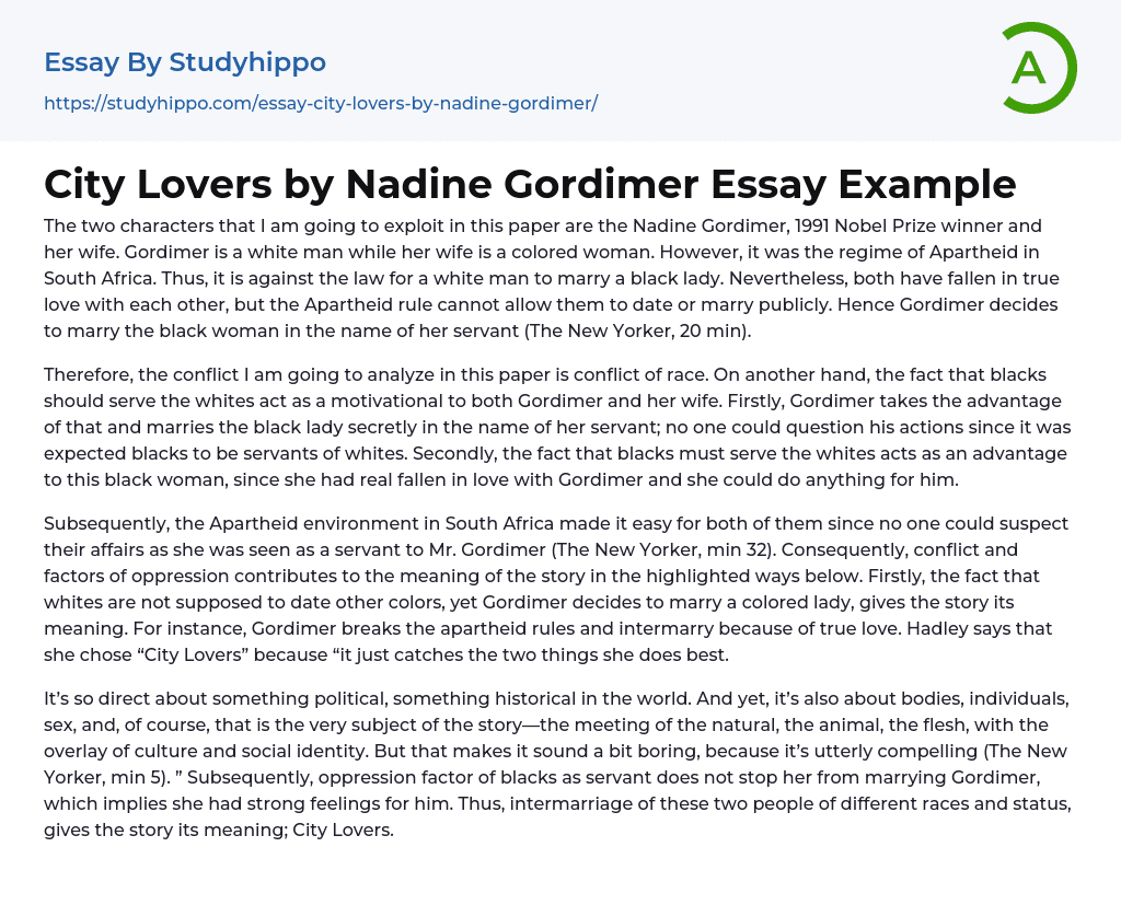 City Lovers by Nadine Gordimer Essay Example