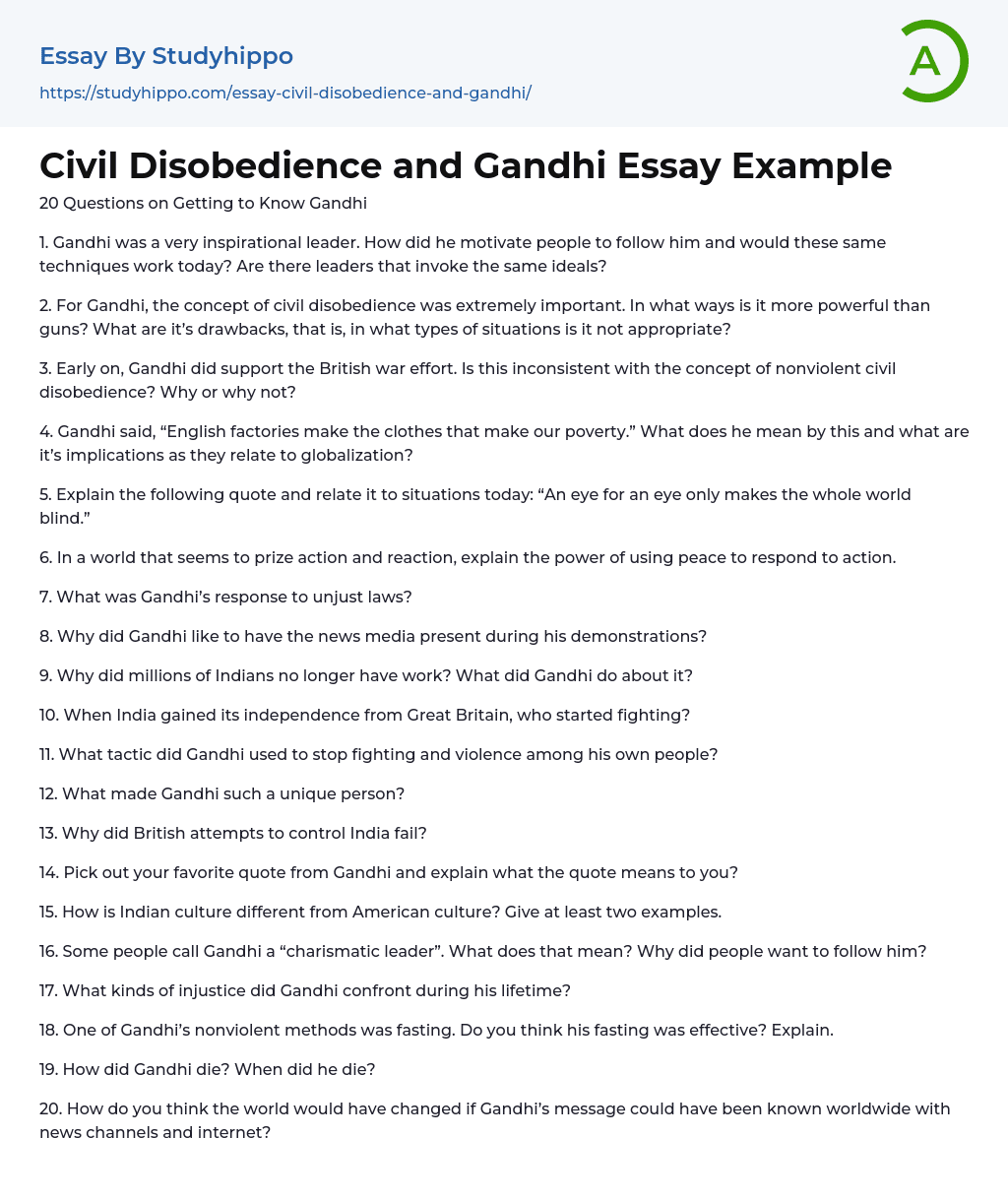 Questions for Writing a Story about Civil Disobedience Gandhi Essay Example