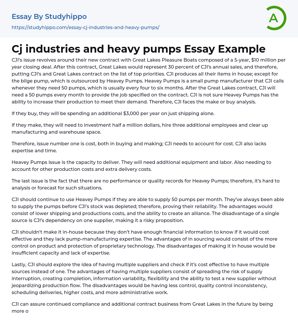 Cj industries and heavy pumps Essay Example