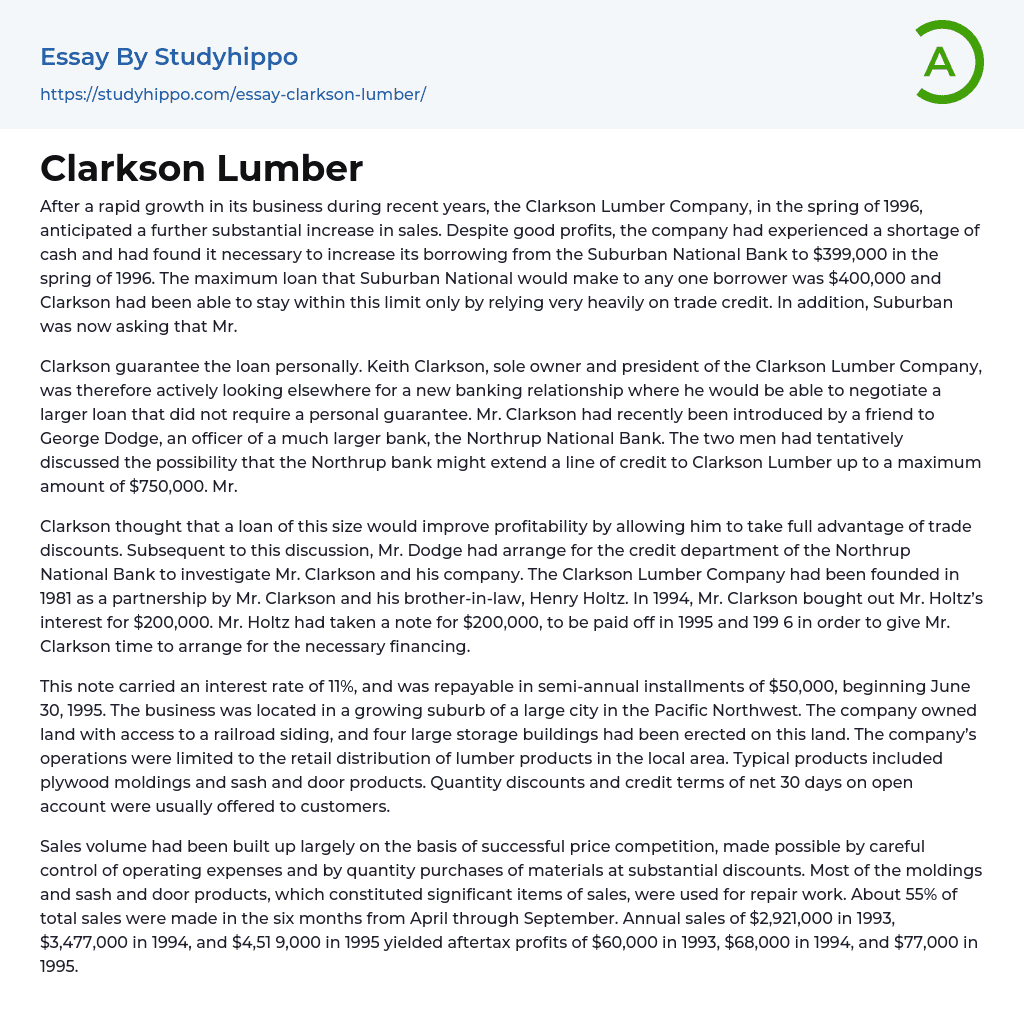 Clarkson Lumber Essay Example