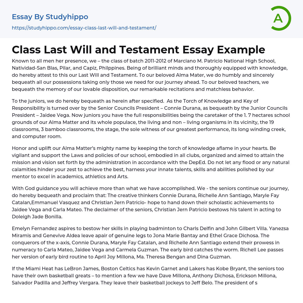 Class Last Will and Testament Essay Example