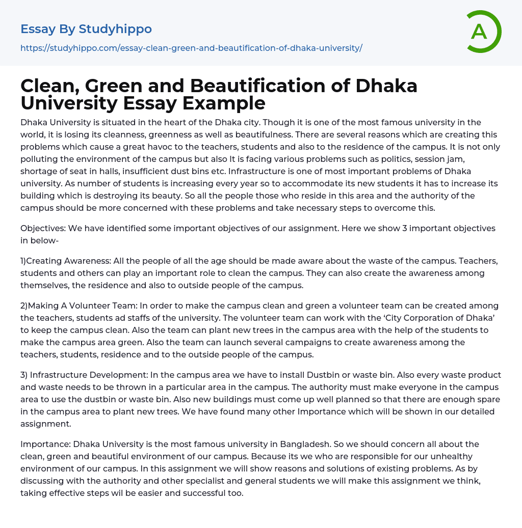 Clean, Green and Beautification of Dhaka University Essay Example