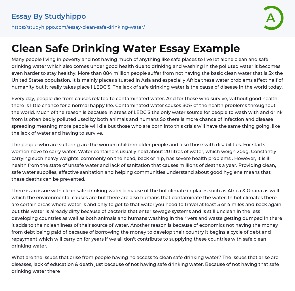 Clean Safe Drinking Water Essay Example