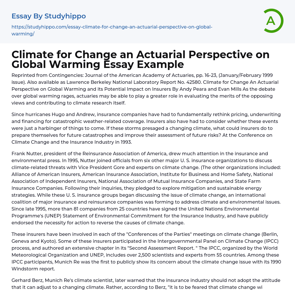 Climate for Change an Actuarial Perspective on Global Warming Essay Example