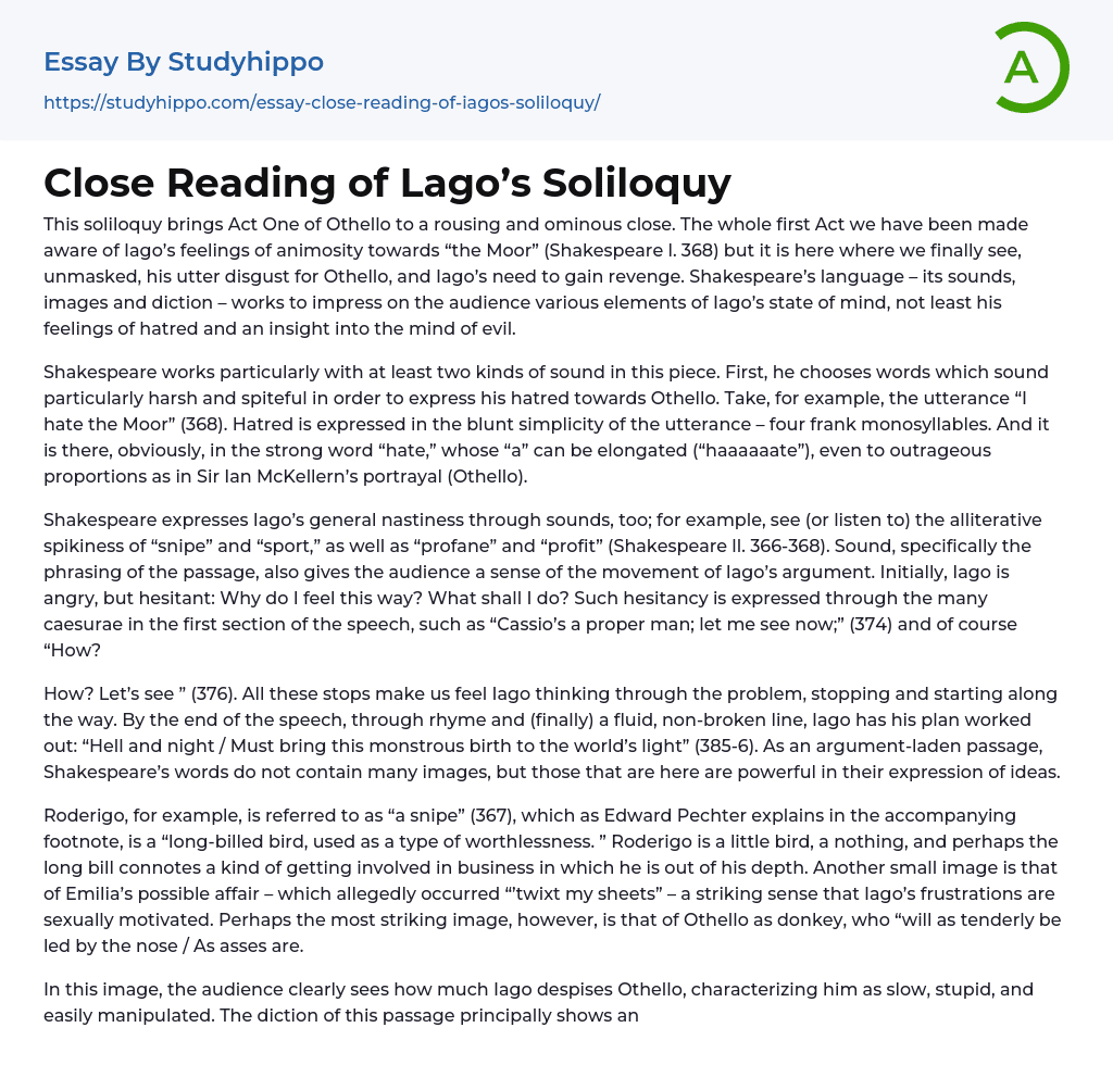 Close Reading of Lago’s Soliloquy Essay Example