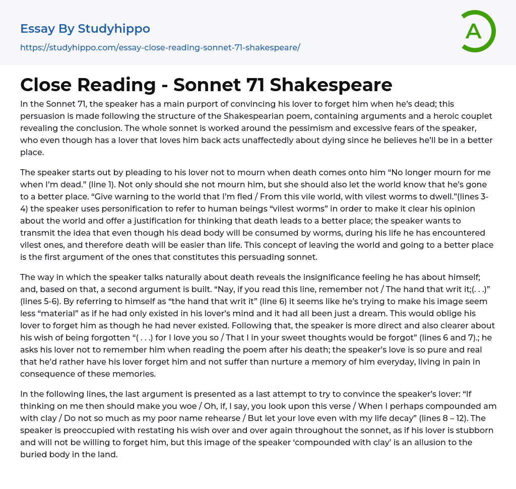 Close Reading – Sonnet 71 Shakespeare Essay Example