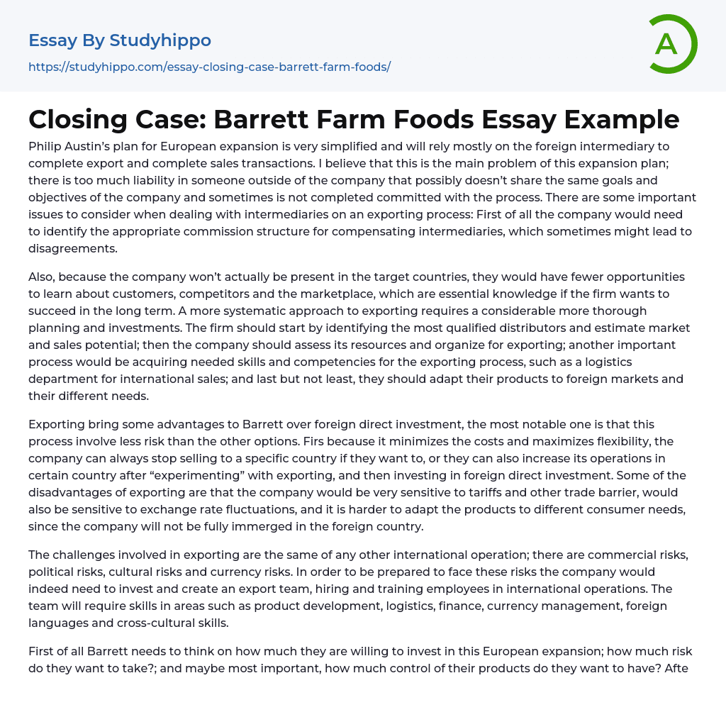 Closing Case: Barrett Farm Foods Essay Example