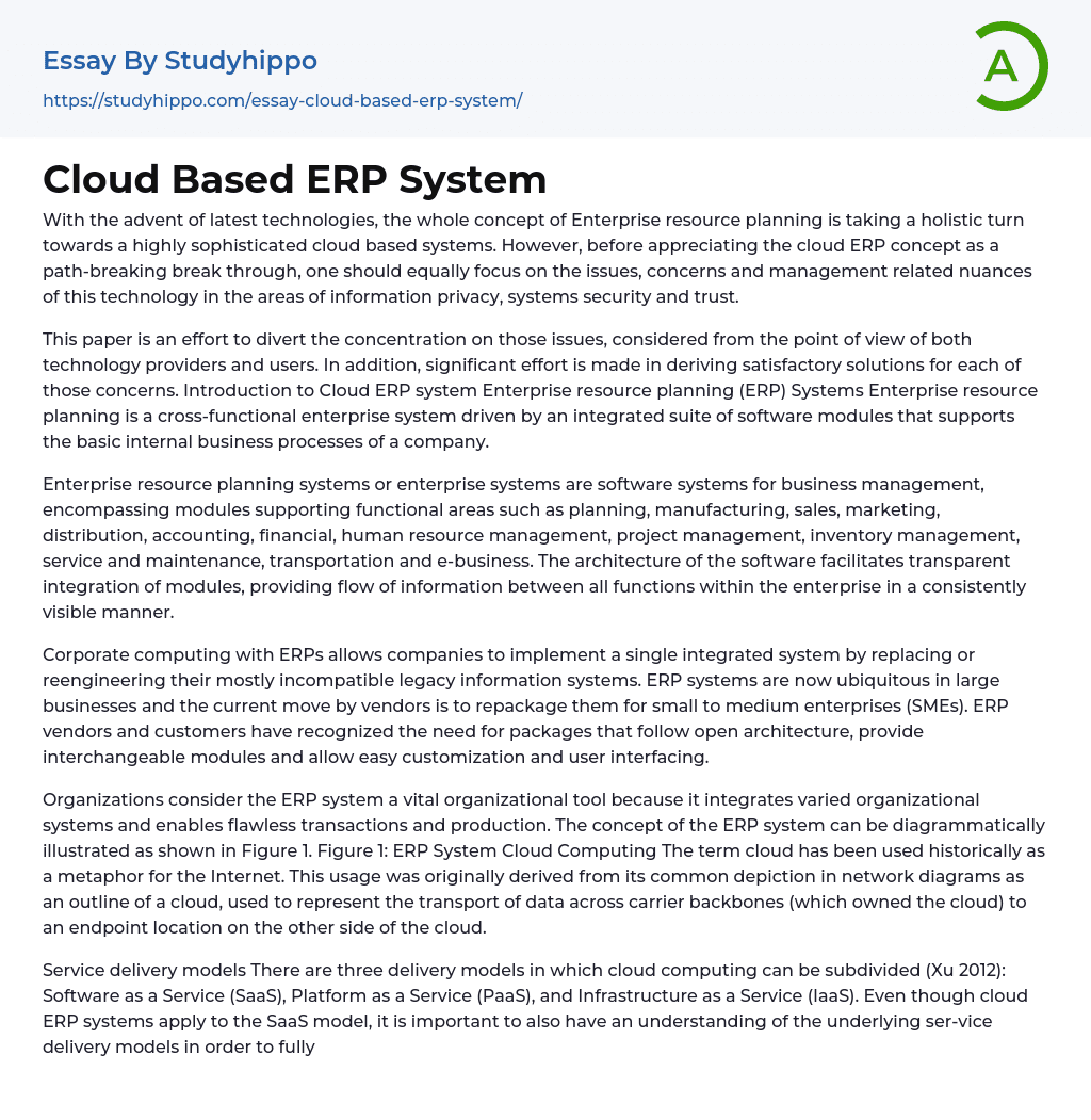 Cloud Based ERP System Essay Example