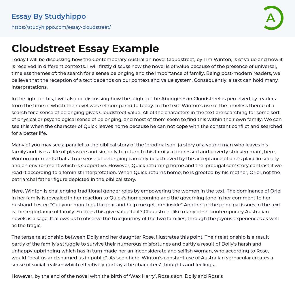 Cloudstreet Essay Example