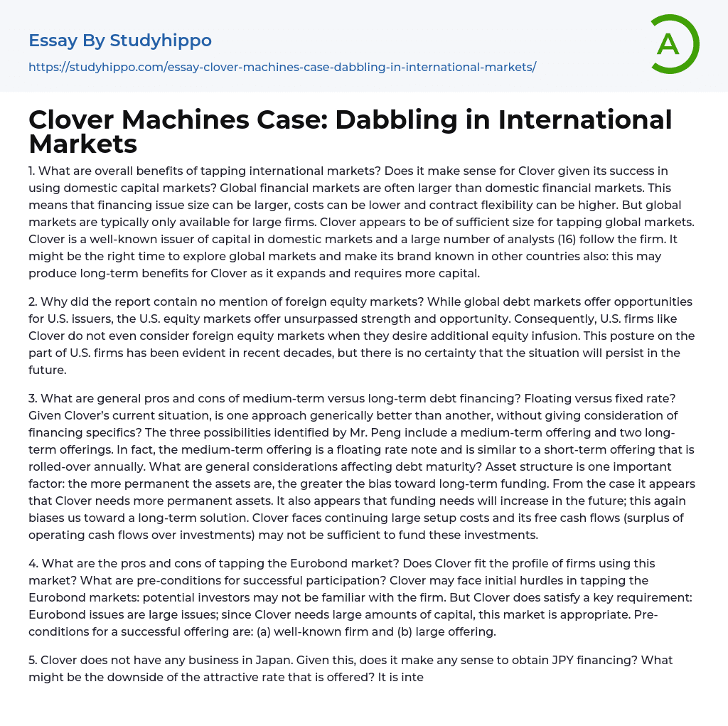 Clover Machines Case: Dabbling in International Markets Essay Example