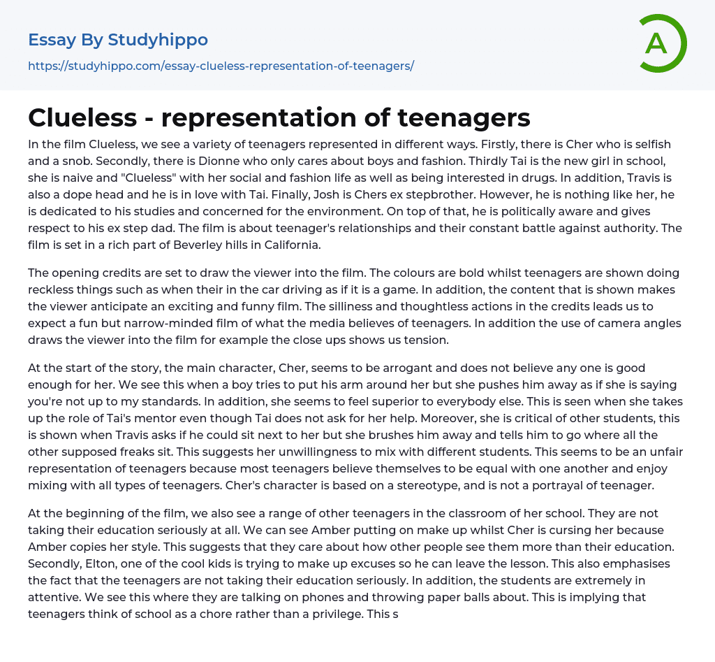 Clueless – representation of teenagers Essay Example