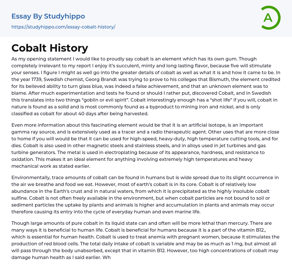 Cobalt History Essay Example