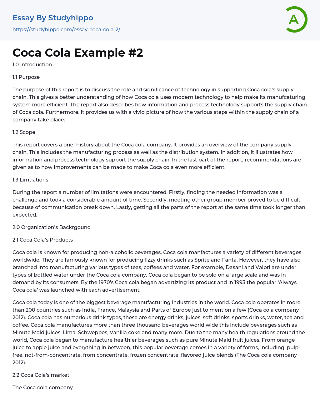 Coca Cola Example #2 Essay Example