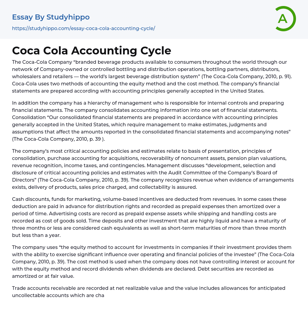 Coca Cola Accounting Cycle Essay Example