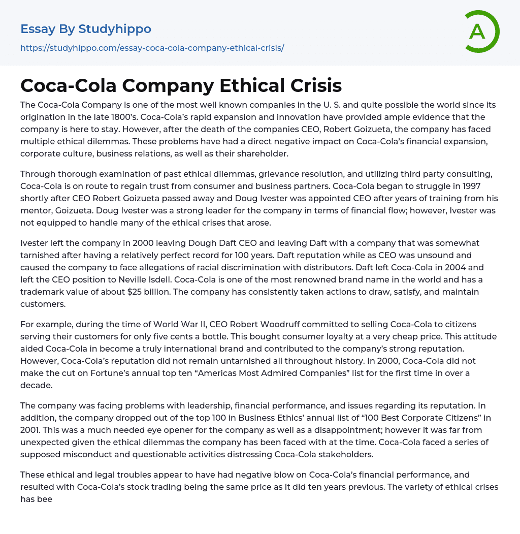 Coca-Cola Company Ethical Crisis Essay Example