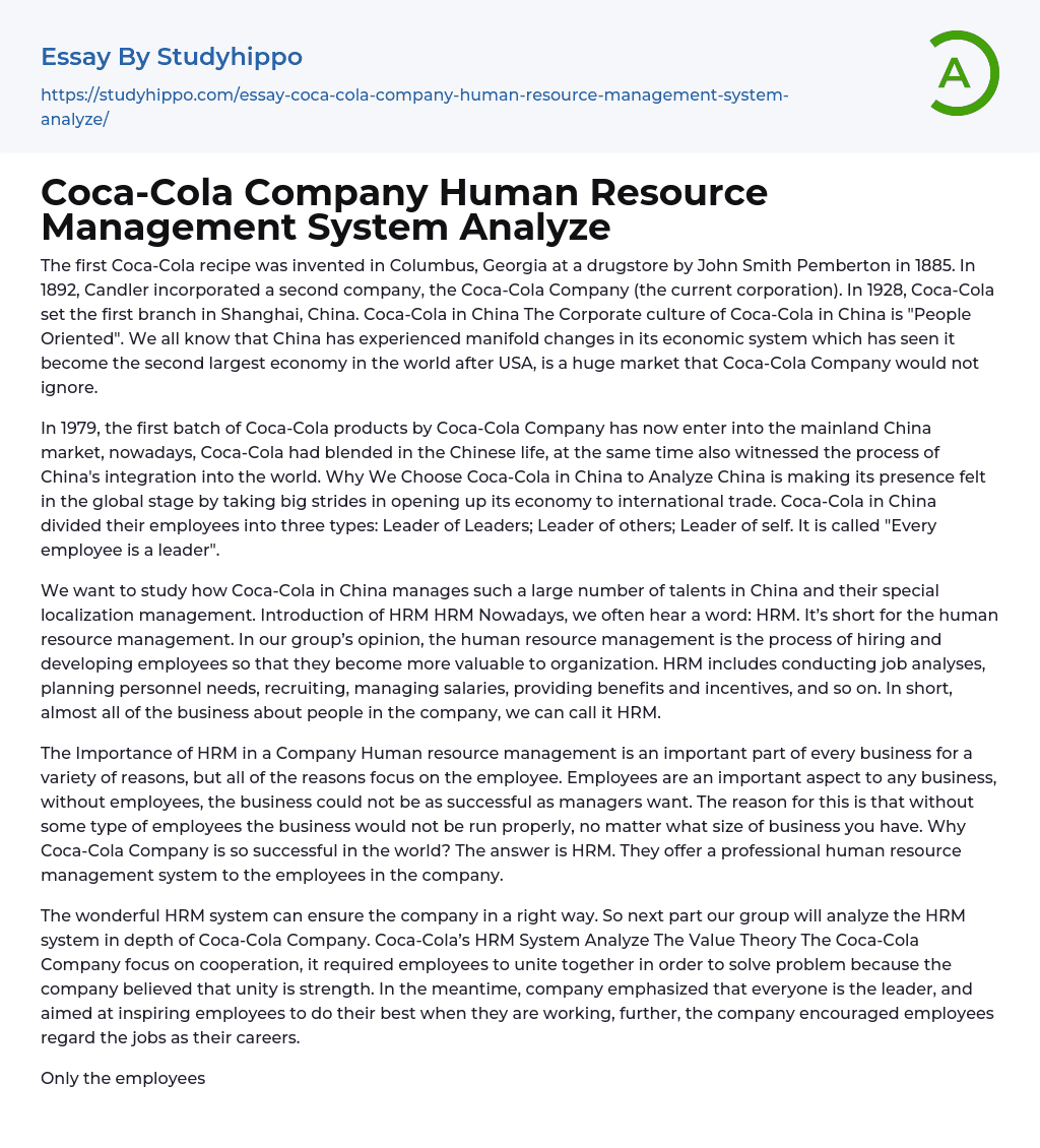 Coca-Cola Company Human Resource Management System Analyze Essay Example