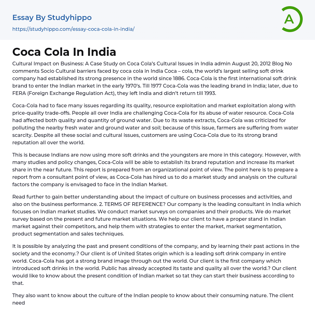Coca Cola In India Essay Example
