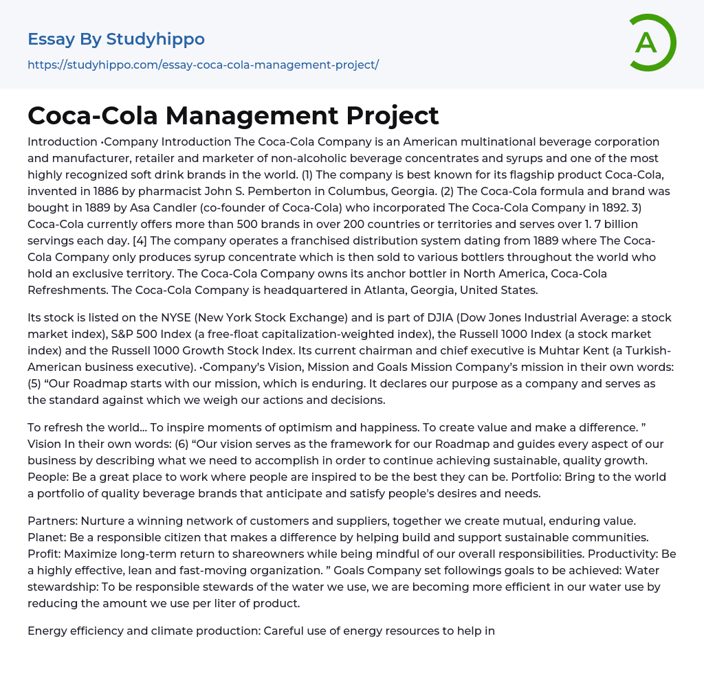 Coca-Cola Management Project Essay Example