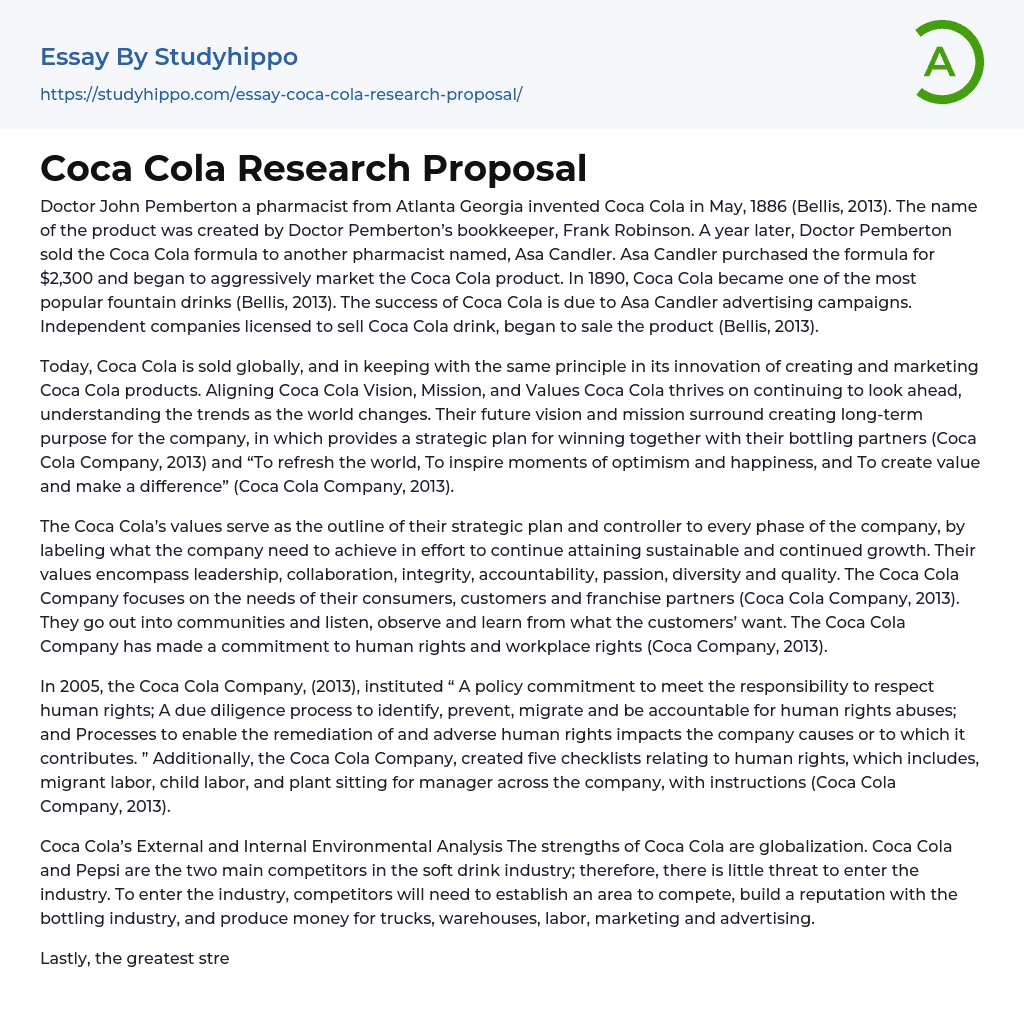Coca Cola Research Proposal Essay Example