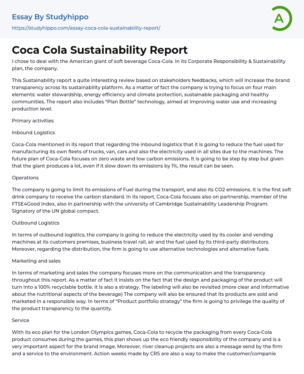 Coca Cola Sustainability Report Essay Example