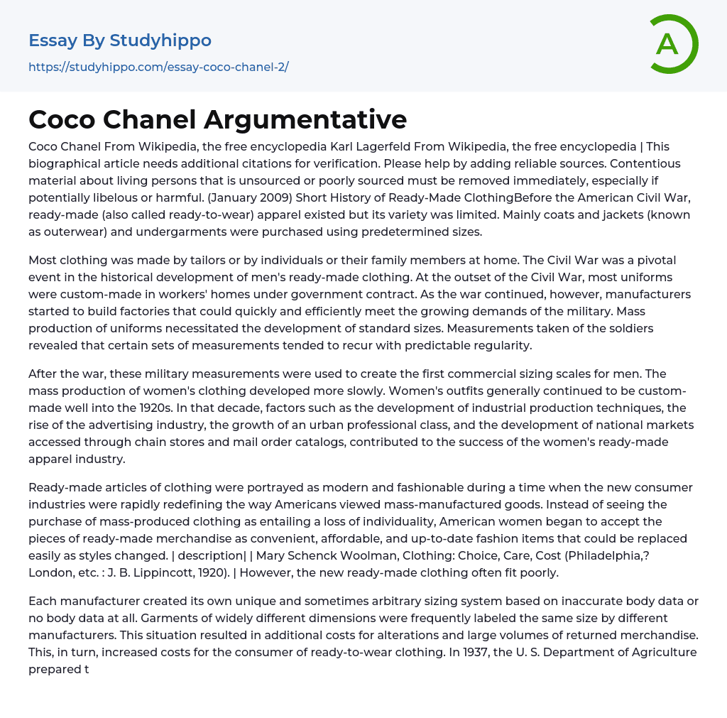Coco Chanel Argumentative Essay Example