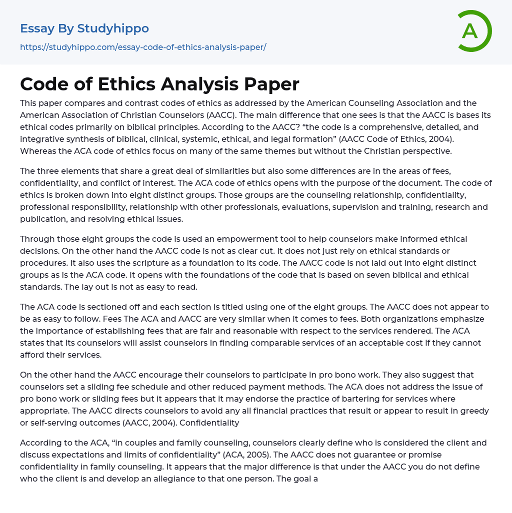 Code of Ethics Analysis Paper Essay Example