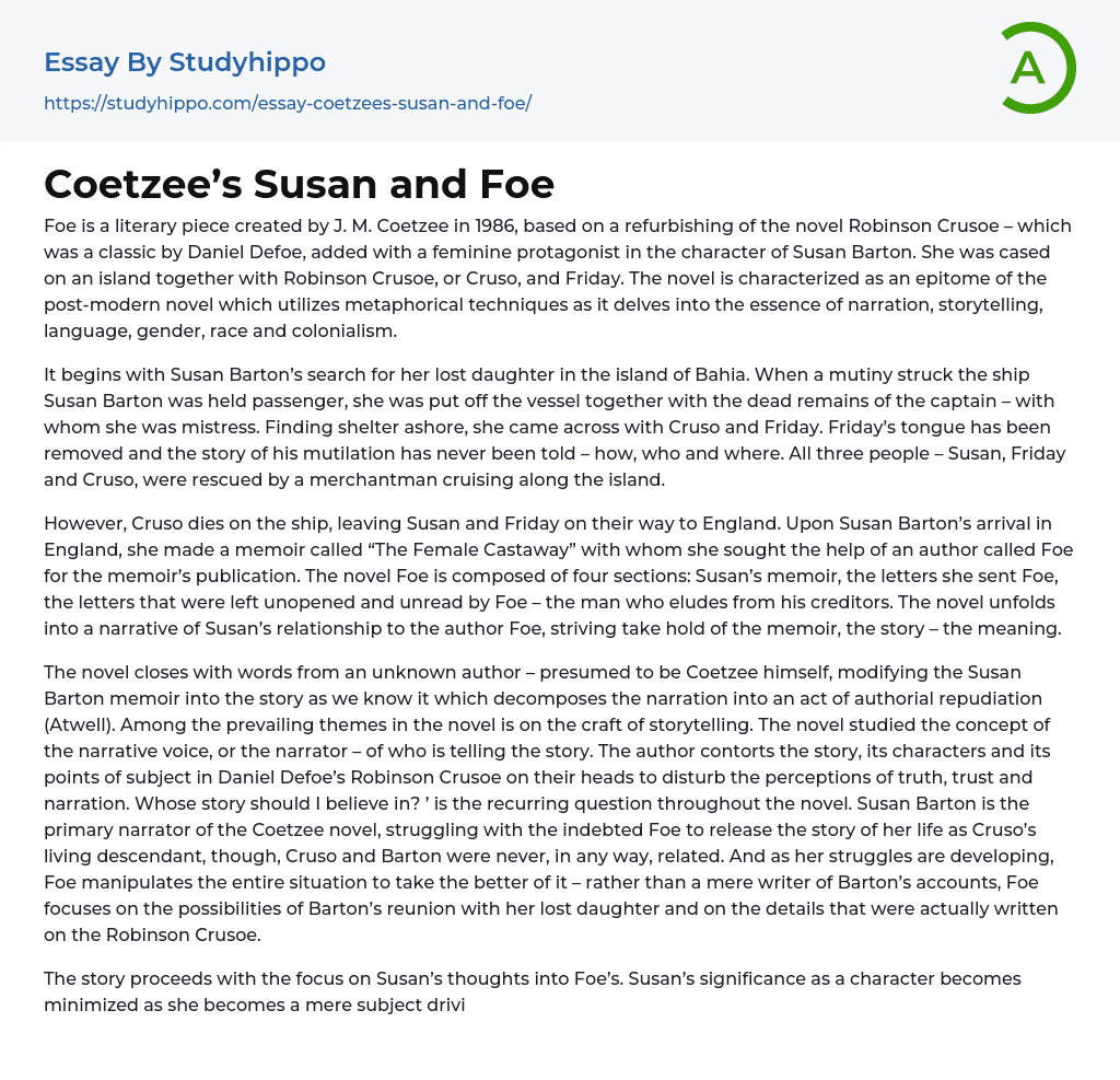 Coetzee’s Susan and Foe Essay Example