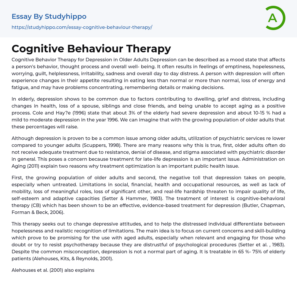 Cognitive Behaviour Therapy Essay Example