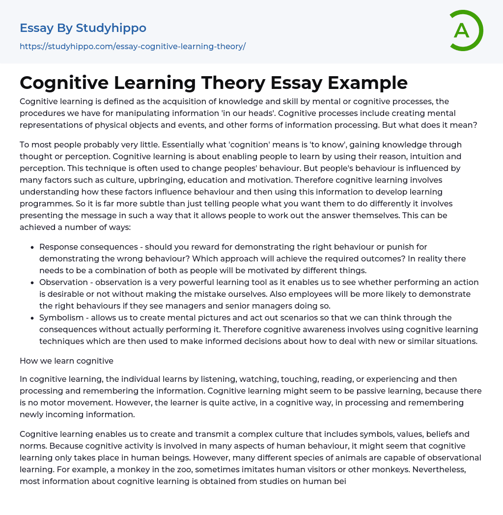 Cognitive Learning Theory Essay Example