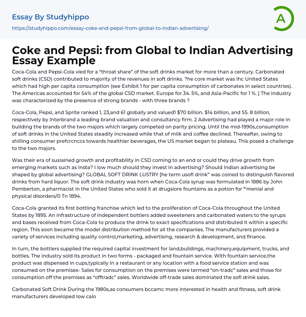 Coke and Pepsi: from Global to Indian Advertising Essay Example