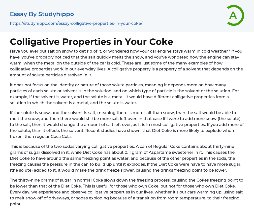 Colligative Properties in Your Coke Essay Example