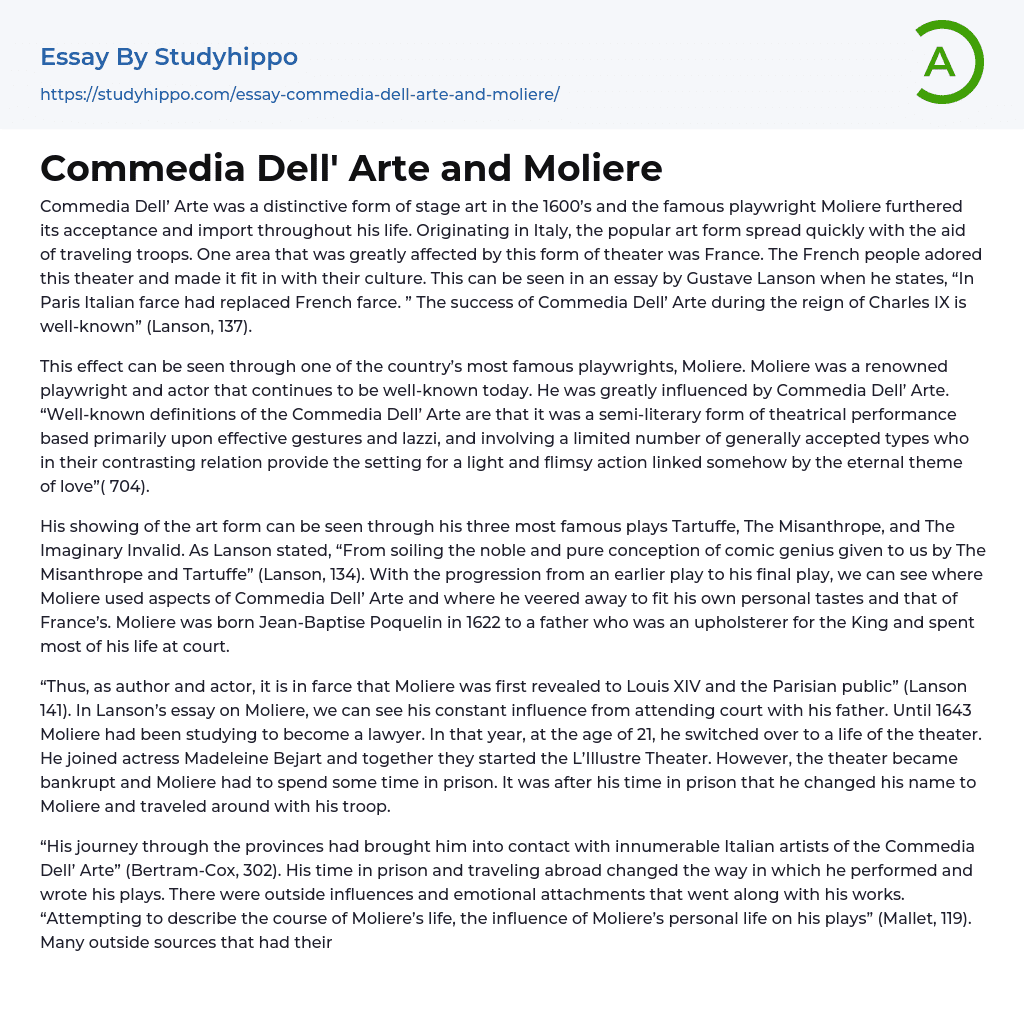 Commedia Dell’ Arte and Moliere Essay Example