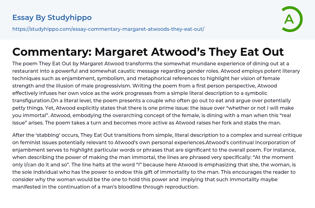 Commentary: Margaret Atwood’s They Eat Out Essay Example