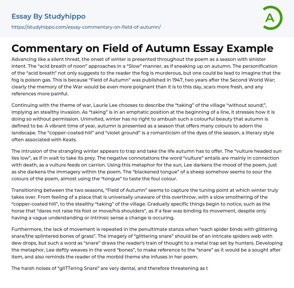 Commentary on Field of Autumn Essay Example