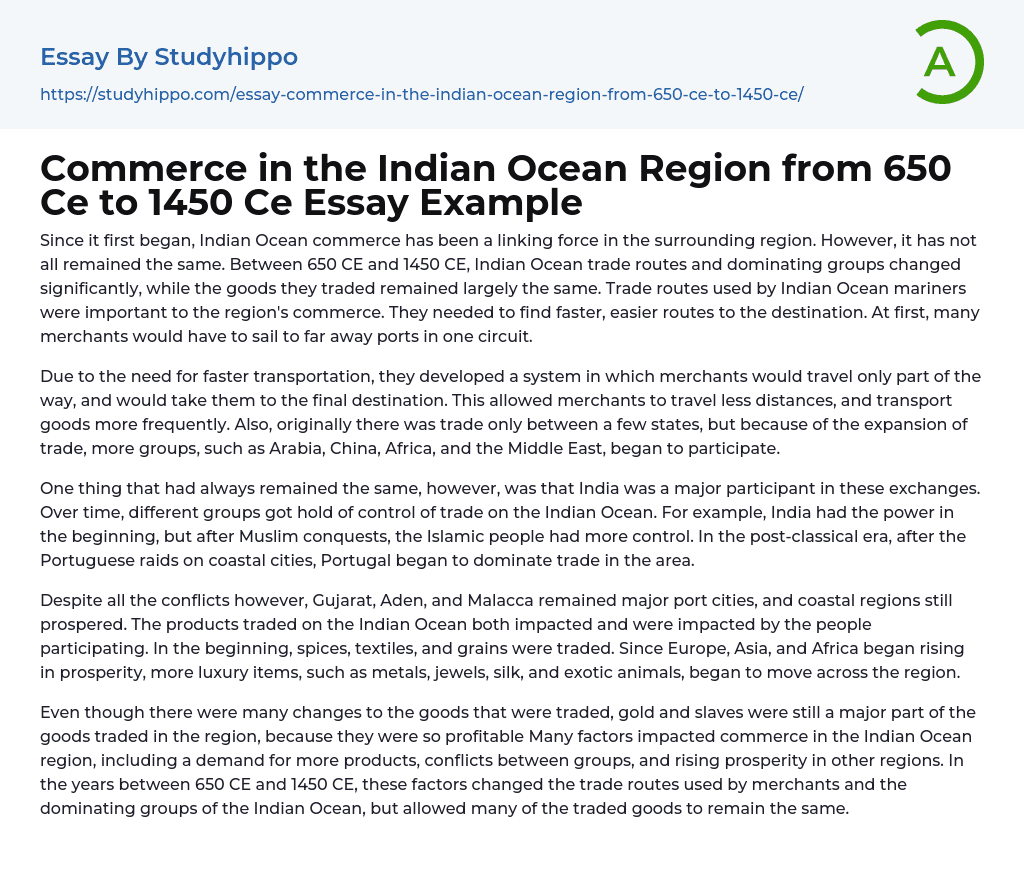 Commerce in the Indian Ocean Region from 650 Ce to 1450 Ce Essay Example