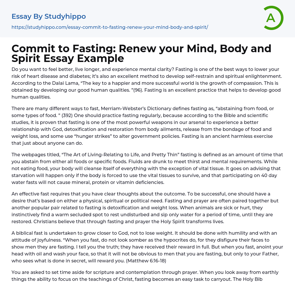 Commit to Fasting: Renew your Mind, Body and Spirit Essay Example