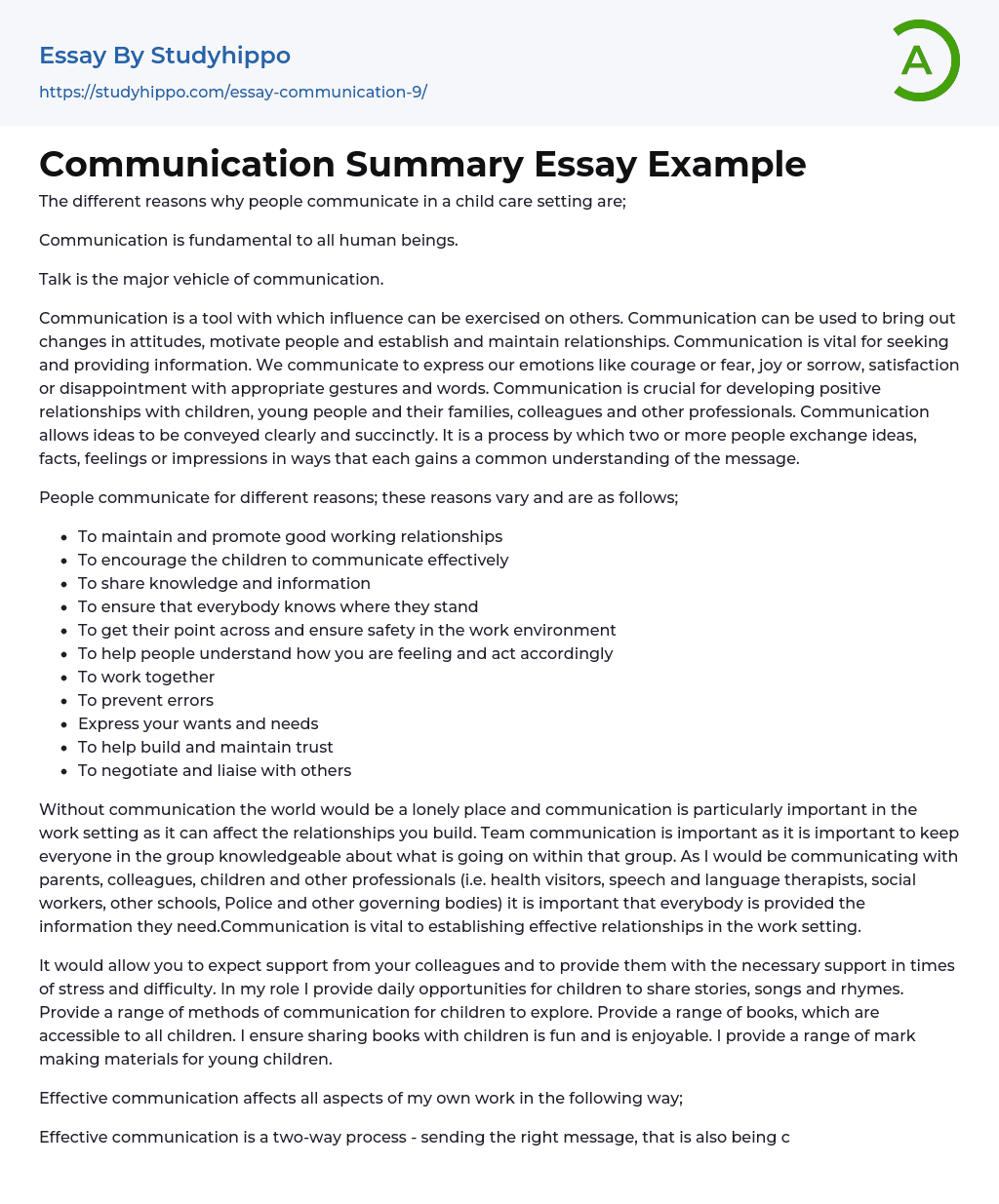 Communication Summary Essay Example