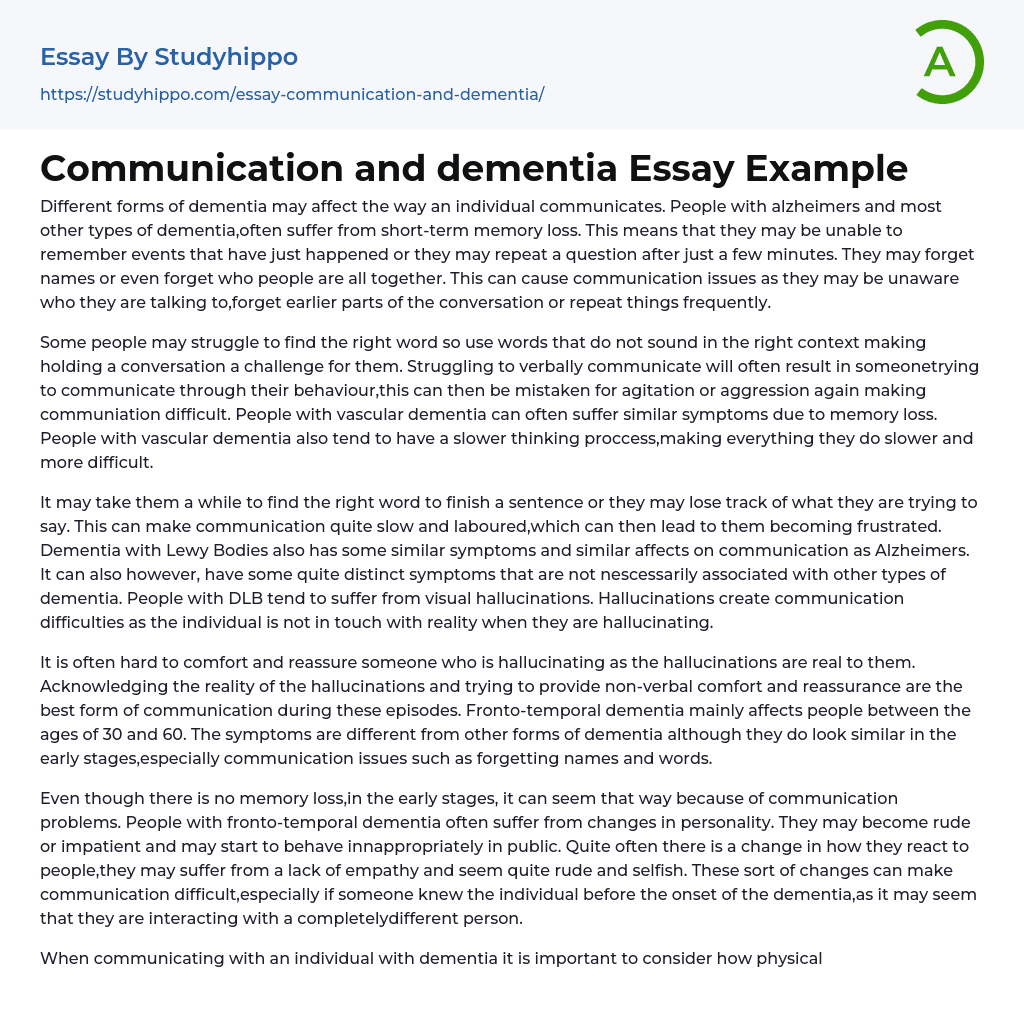 Communication and dementia Essay Example