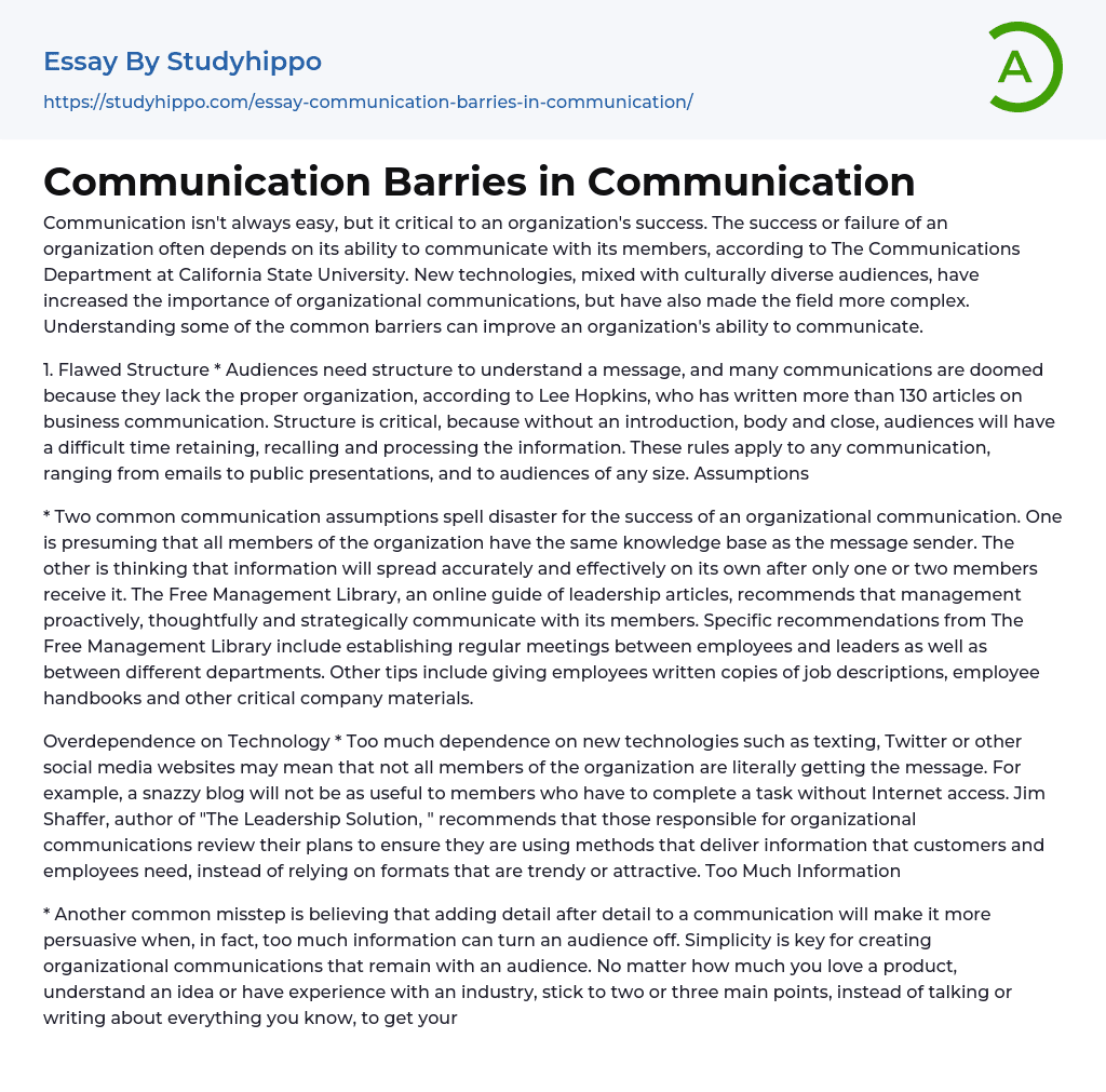 Communication Barries in Communication Essay Example